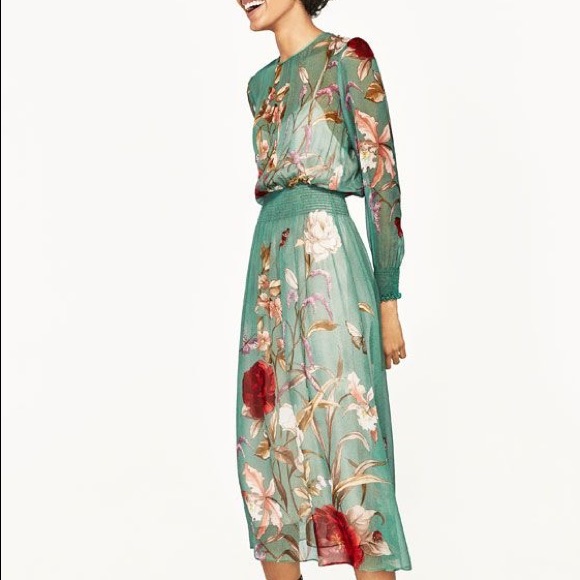 SOLD. SEA-GREEN SHEER FLORAL DRESS - Picture 2 of 7